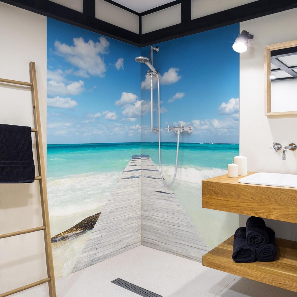 Duschrückwand Strand selbstklebend - 0.35 mm Wandpaneel wasserfest Steg blau 3D-Effekt Maritim Badrückwand fugenlos Smart matt 90x200 cm