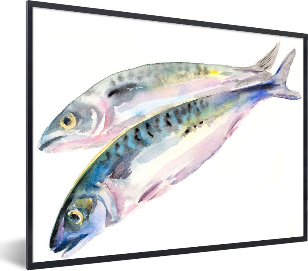 MuchoWow Gerahmtes Poster Eine Illustration von zwei Fischen 40x30 cm - Poster mit Schwarzem Bilderrahmen Wandposter Rahmen Foto Bilder - Kunstpo...