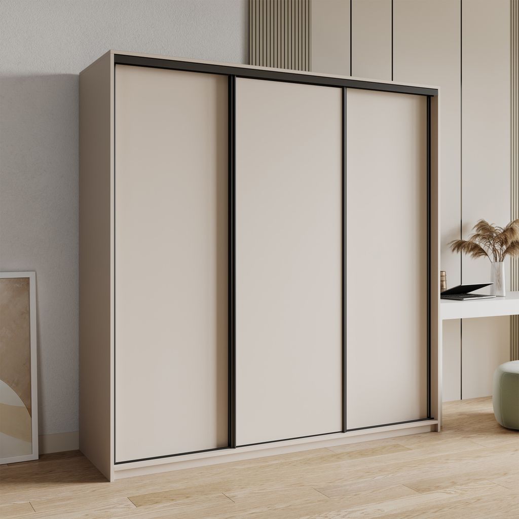 Masseno Schiebetürenschrank NISSE 200/205/60 cm Kleiderschrank mit Schubladen Schlafzimmer Schrank 3-türig Kaschmir + Schwarz