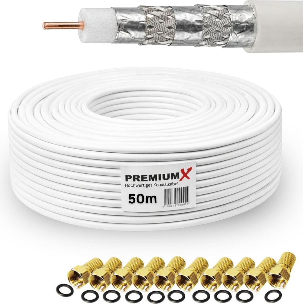 PremiumX 50m DELUXE PRO Koaxialkabel 135dB 5-Fach reines Kupfer SAT Antennenkabel 10x F-Stecker