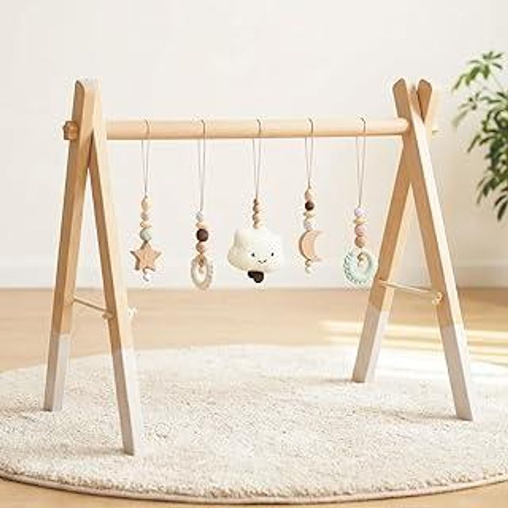 Spielbogen Baby Holz- Montessori Spielbogen mit 5 abnehmbaren Sensorischen Spielzeugen, Faltbar Baby Spielbogen Baby Gym Activity Center, Neugebore...