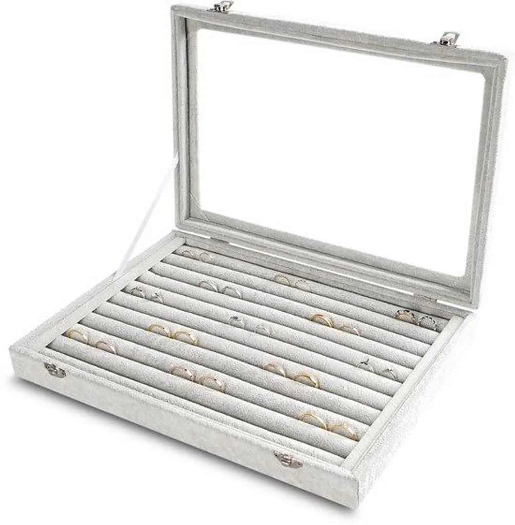 Coffret à bijoux gris 10 compartiments avec couvercle en verre clair