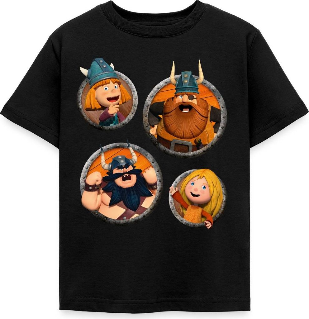 Spreadshirt Wickie Und Die Starken Männer Charaktere Kinder T-Shirt, 110/116 (5-6 Jahre), Schwarz