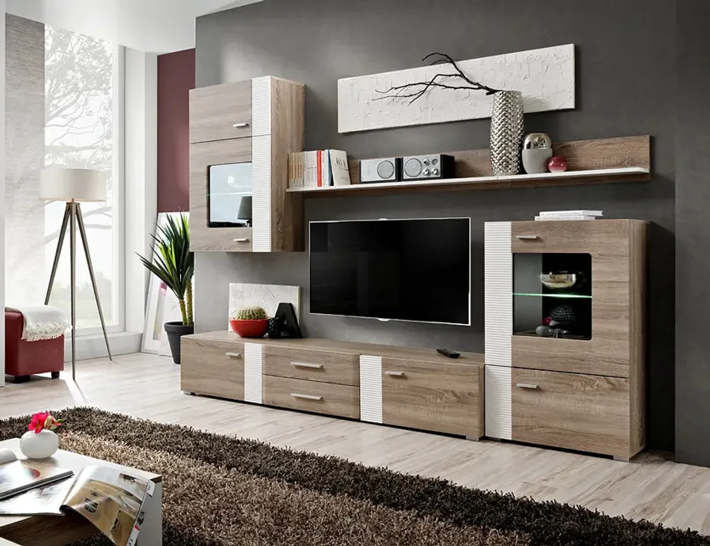Mur TV ALISHA design chêne truffé - Grand rangement salon modulable