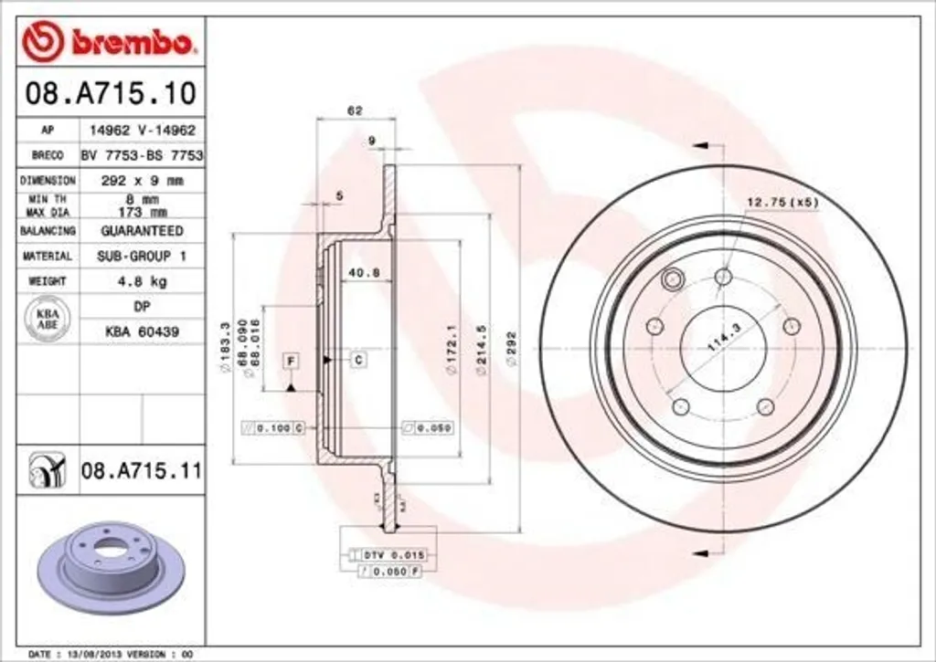 Disque de frein arrière pour Nissan Qashqai et Juke - Brembo 08A71510