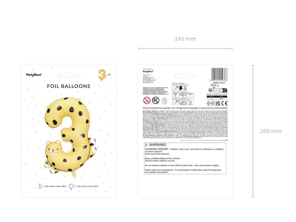 PartyDeco Folienballon Zahl 3 Gepard 68x98 cm Mix