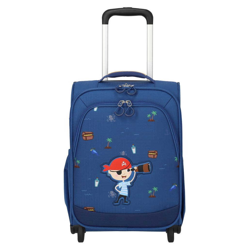 A blue children's suitcase with a pirate design.