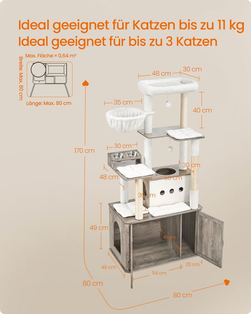 Feandrea Kratzbaum, Katzenklo-Schrank, erhöhte Fressnäpfe, Produktbild 6