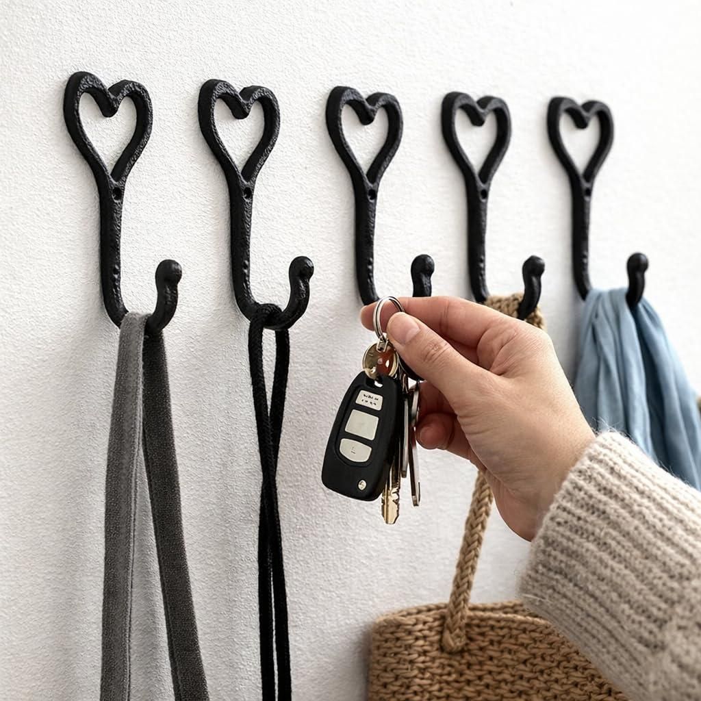 5-teiliges Set schwarzer, herzförmiger Wandhaken aus Gusseisen im Vintage-Stil, geeignet zur Aufbewahrung von Kleidung zu Hause, als Wanddekoratio...