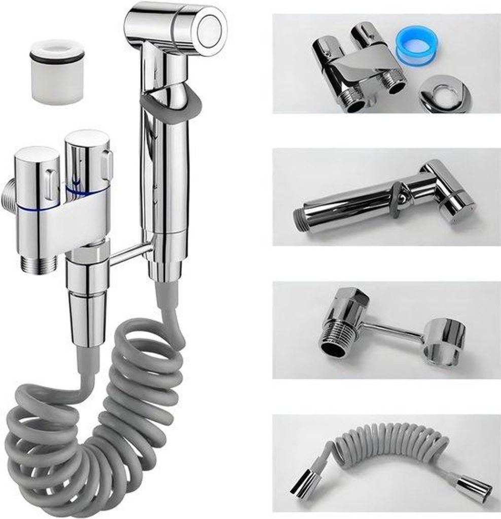 Portable WC Bidet Set mit Sprühkopf - Draagbare WC Bidet Set - Geschikt für Toiletten und Badezimmer - Zinkfarben - mit Sprühkopf und Doppelklappe