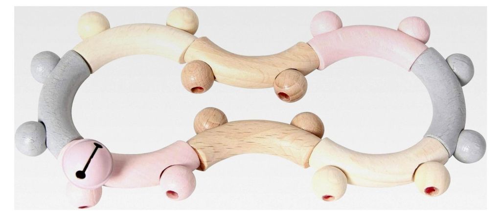 Achtförmiger Greifling mit Rassel aus Holz, bewegliche Teile, Rosa, Motorikspielzeug ab 6 Monaten, aus dem Erzgebirge