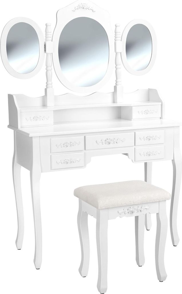 A white vanity table with a tri-fold mirror and a matching stool, set against a white background.