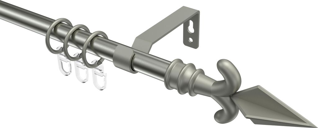 Interdeco Gardinenstange / Vorhangstange Edelstahl-Optik / Chrom matt, Typ Olymp Matteo (Pfeil), 16 mm Ø 1-läufig, 320 cm