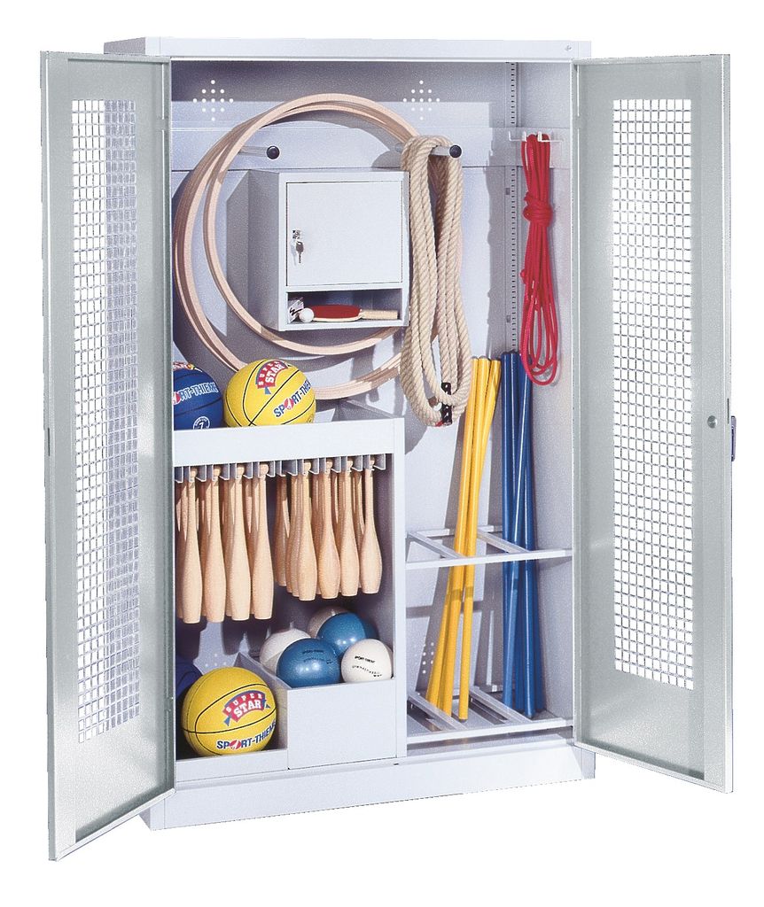 C+P Sportgeräteschrank mit Lochblech-Flügeltüren (Typ 1), HxBxT 195x120x50 cm, Ergo-Lock Muldengriff, Enzianblau (RAL 5010), Lichtgrau (RAL 7035...