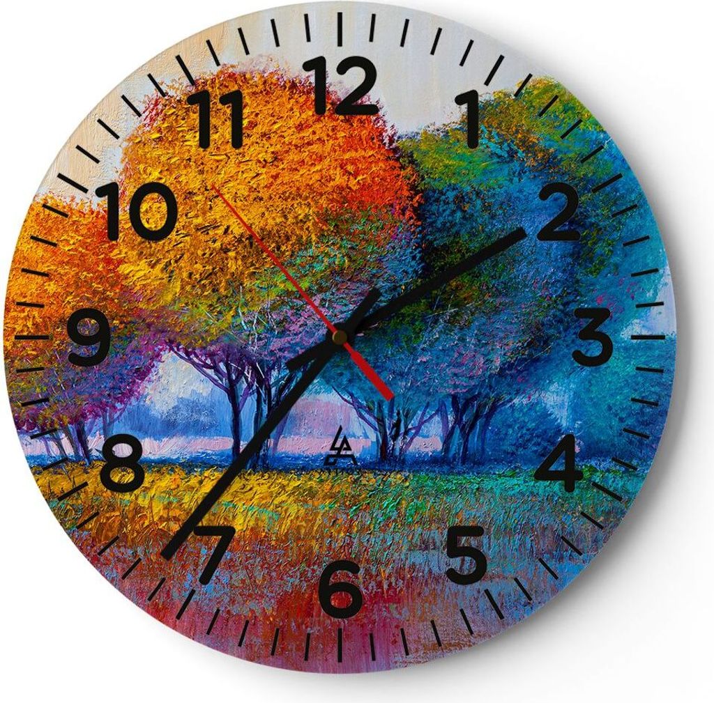 Wanduhr - Rund - Glasuhr - Bäume Wiese Sommer - 30x30cm - Schleichendes Uhrwerk - Lautlos - zum Aufhängen bereit - Dekoration Modern - Wanddekora...