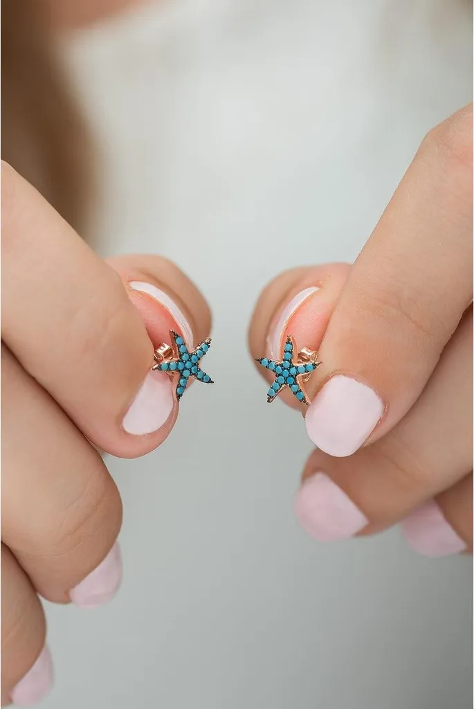 Boucles d'oreilles hypoallergéniques argent et turquoise, étoiles de mer