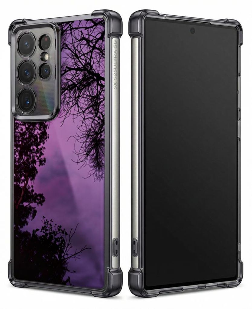 Personalisierte Hülle mit Bild für Samsung Galaxy S25 Elektroplattiert TPU Stoßdämpfer Handyhülle mit Lila Himmelsbaum-Silhouette Nacht