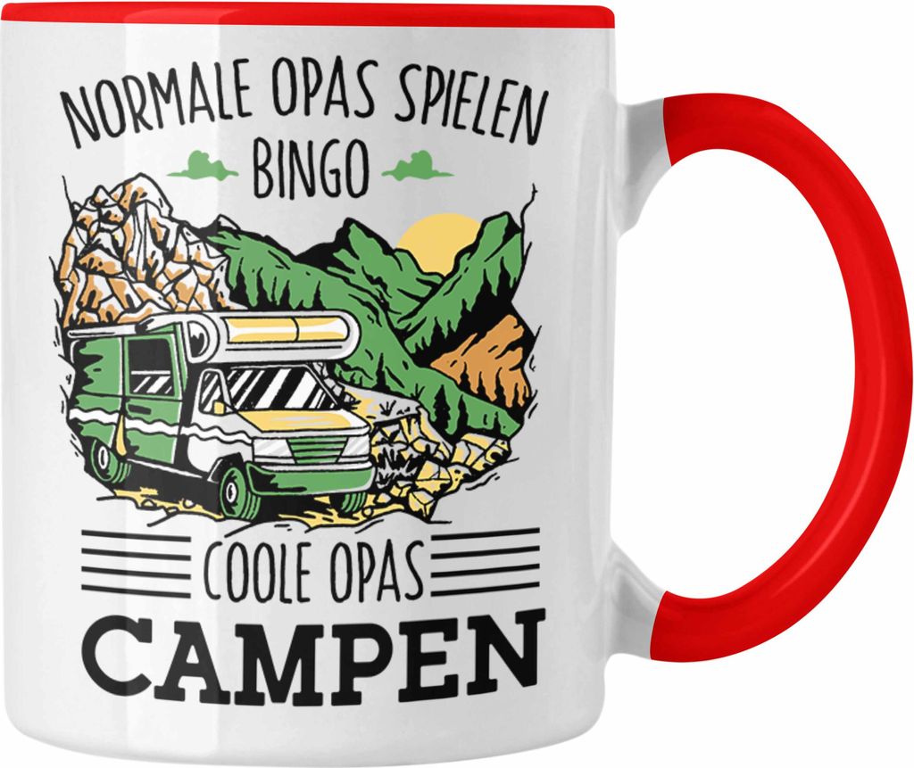 Trendation - Camping-Tasse "Normale Opas Spielen Bingo, Coole Opas Campen" Geschenk Opa-Camper (Rot)