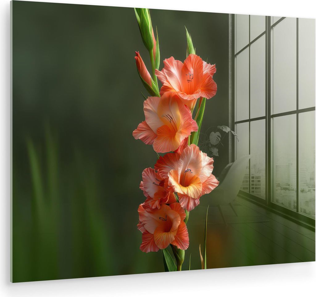 MuchoWow Glasbilder - Bilder auf Wandbild - Foto auf Glas Blume - Gladiolen - Lachsrosa 80x60 cm Wanddekoration aus Glas - Acrylglasbild - Acrylbil...