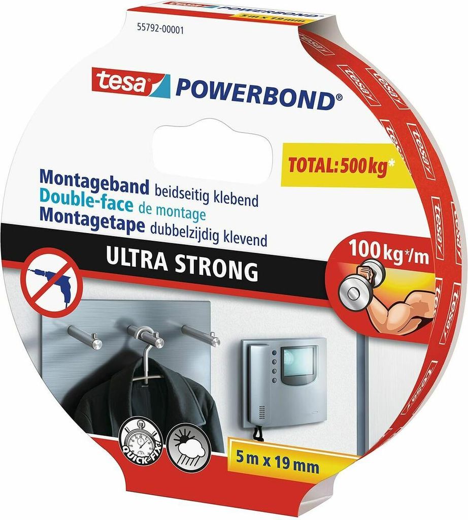 tesa Powerbond ULTRA STRONG - Doppelseitiges, extra starkes Montageband zur permanenten Befestigung im Außen- und Innenbereich - 5 m