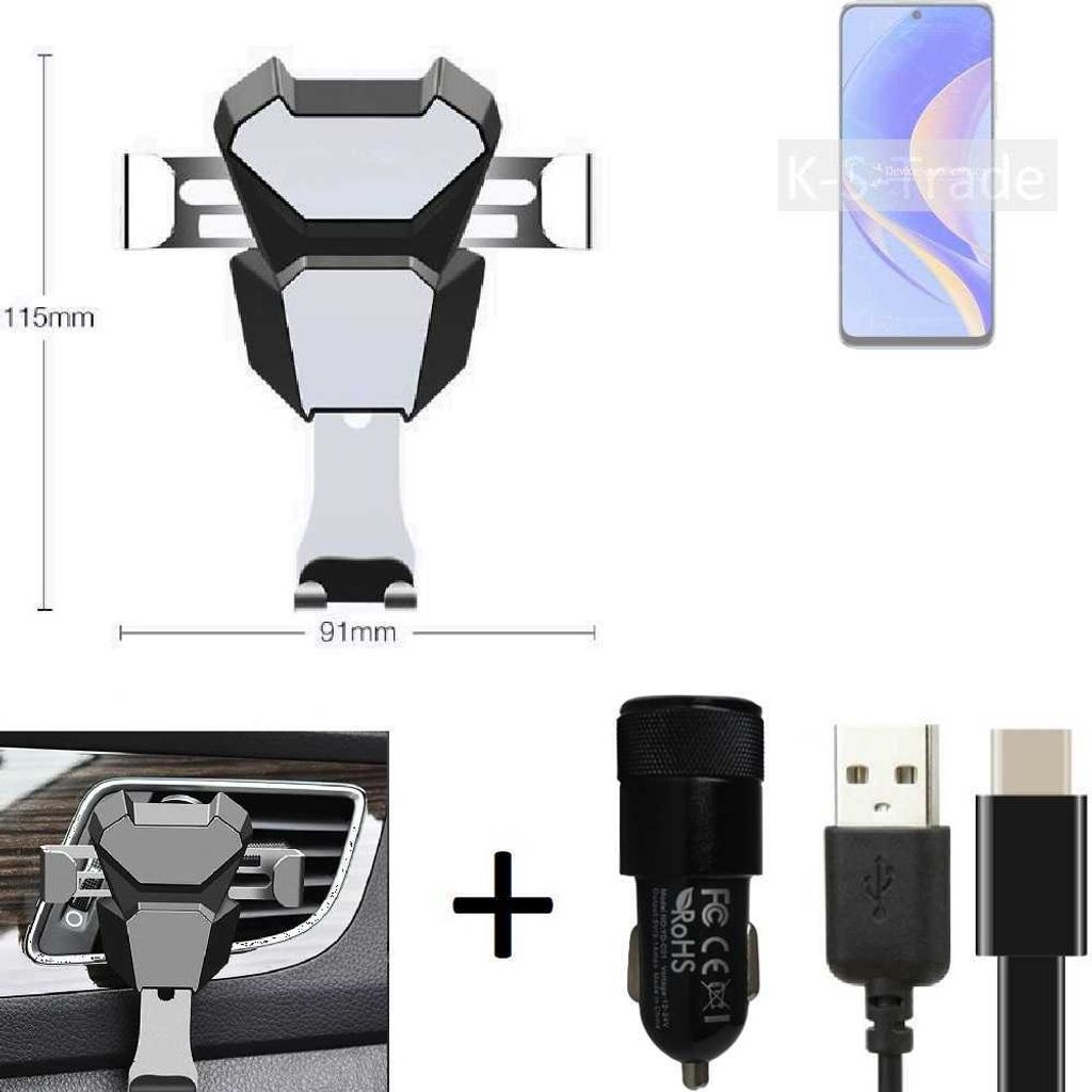 K-S-Trade Lüftungsschlitz Halterung kompatibel mit Huawei nova Y90 Lüftungshalterung Lüftungsgitter schwarz-silber Auto-Halterung Smartphone Halter