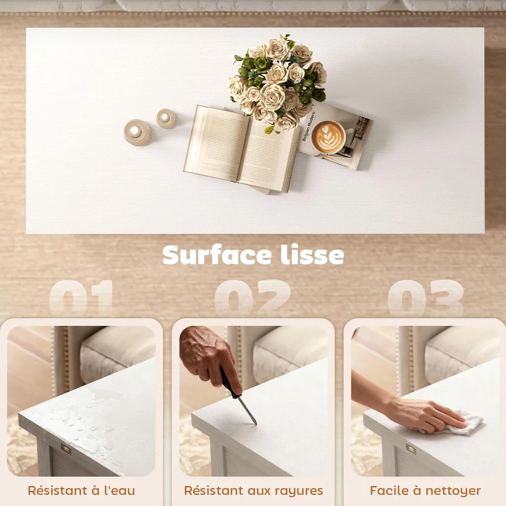 HOMCOM Table basse relevable et extensible en blanc, 100x45x50,5 cm - 9