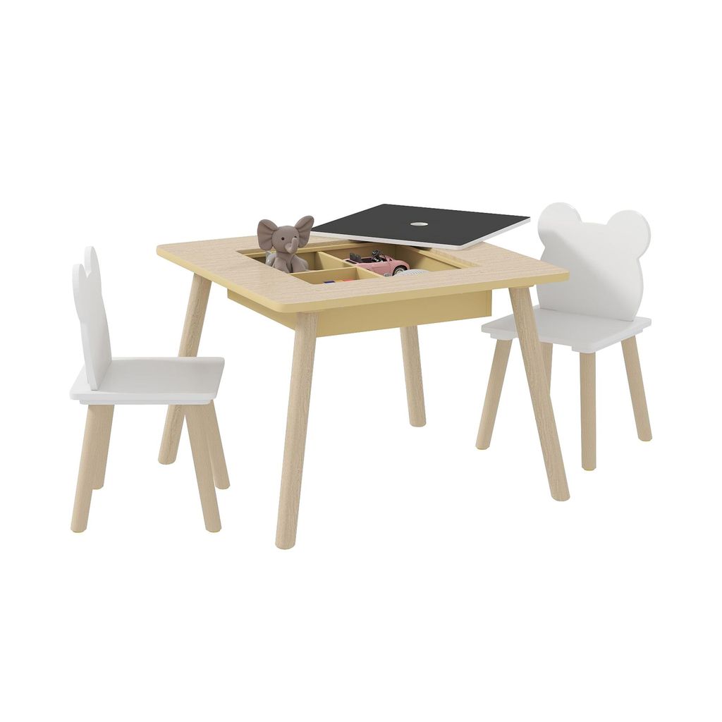 Tisch- und Stuhlset,Kindertisch- und Stuhlset,1 Tisch, 2 Stühle,Tierförmige Rückenlehne,Tisch mit Stauraum,Geeignet für Kinder,Weiß