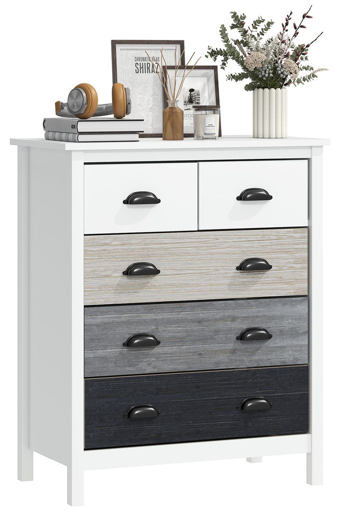 Sideboard, Kommode, 5 Schubladen, lackierte Oberfläche, MDF & Kiefernholz, 70 x 38 x 85 cm, Weiß