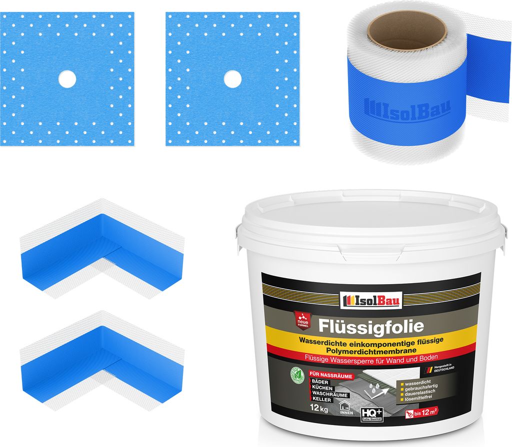 Isolbau Dicht-Set - Inkl. 1x Flüssigfolie (12 kg), 1x Dichtband (10 m), 2x Innenecken & 2x Manschetten