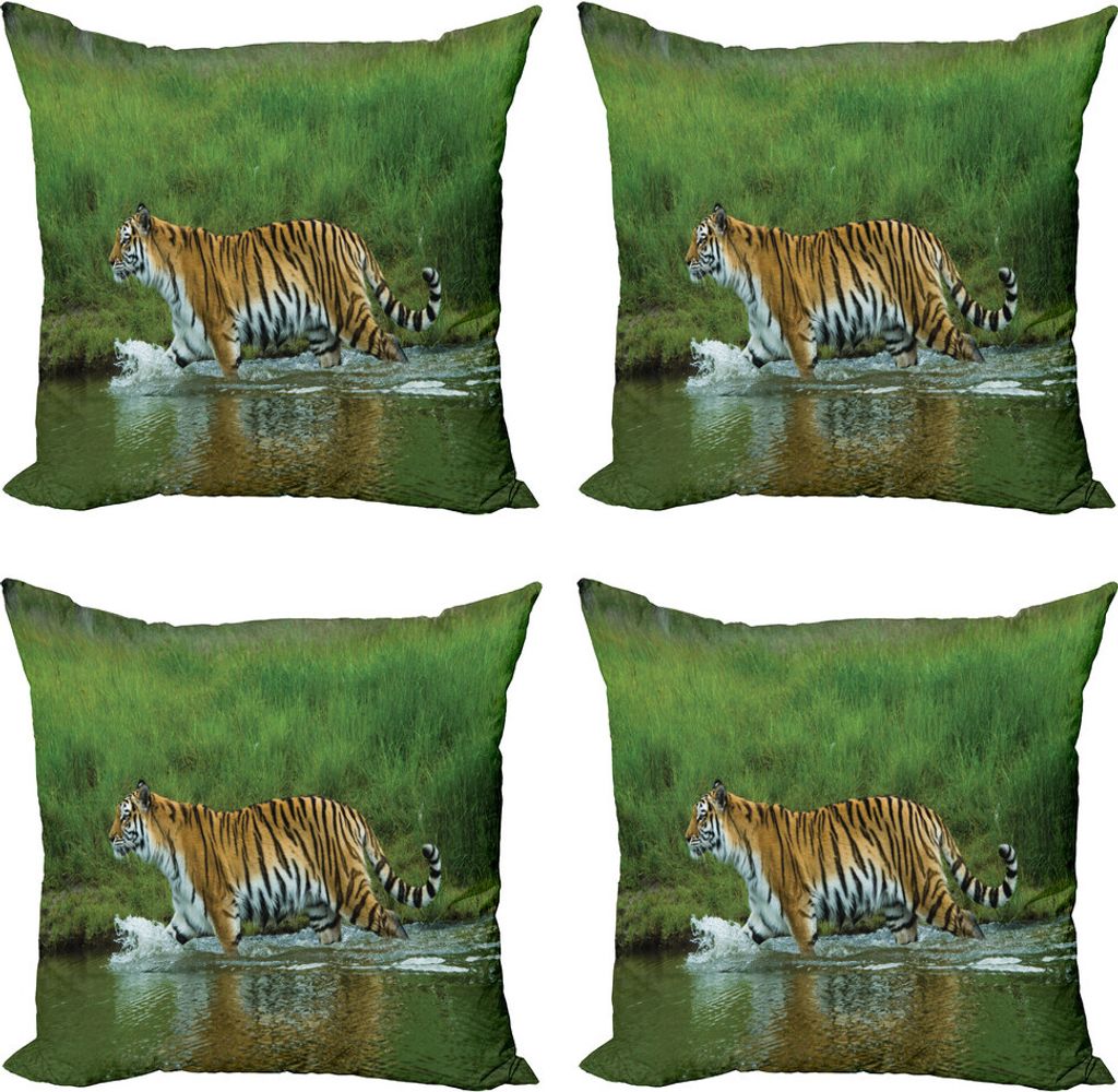 ABAKUHAUS Safari Kissenbezug Set (4 Stück), Sibirischer Tiger Panthera, Moderner Doppelseitiger Digitaldruck, 50 cm x 50 cm, Aprikose Grün