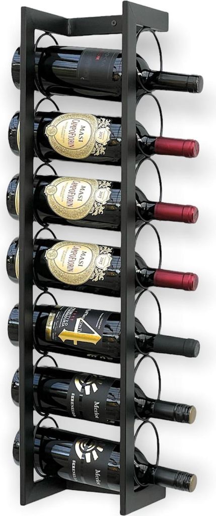 A black metal wine rack holding seven bottles of wine, displayed against a white background.