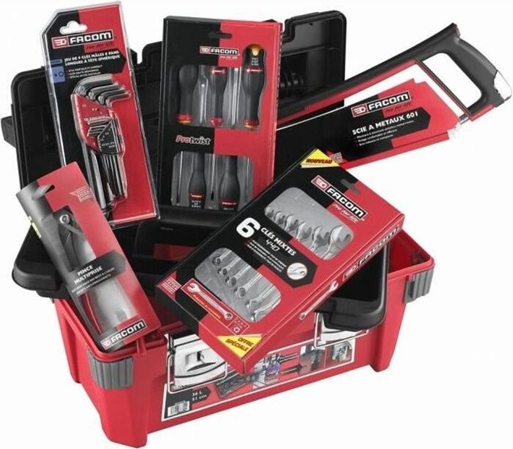 Werkzeugkoffer FACOM mit 22 Werkzeugen BP.P20ACM1PB, 5 Schraubendreher, 6 Maulschlüssel, 9 Innensechskantschlüssel, Mehrfachzange, Metallsäge