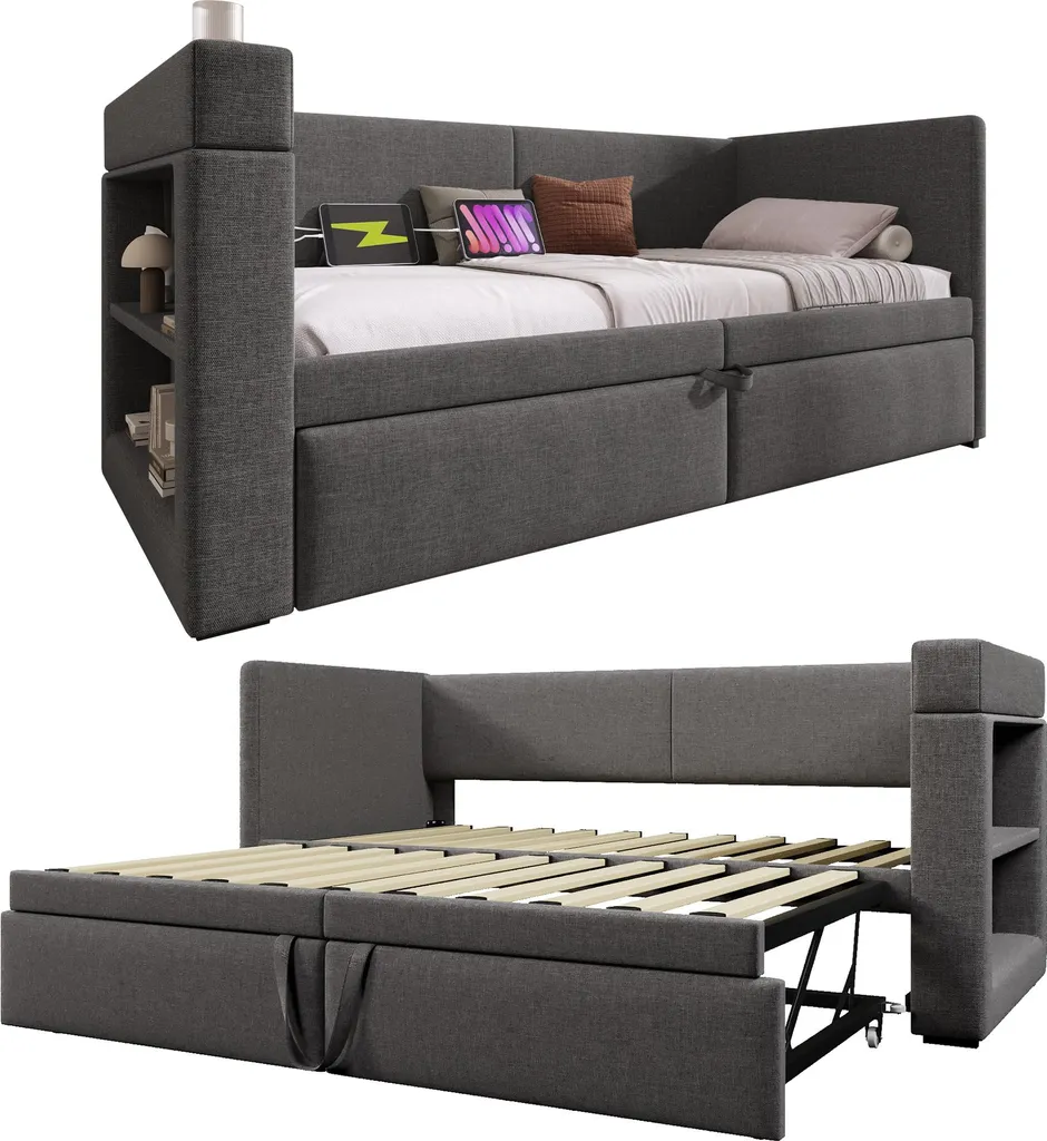 Lit banquette 90x200 gris pour chambre d'amis avec couchage d'appoint - 15
