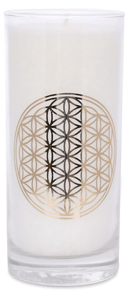yogabox MAGISCHE KERZE mit dem goldenen Etikett - weiß 14 x 6,5 cm Blume des Lebens