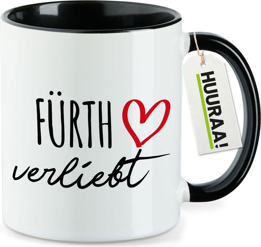 Huuraa Kaffeetasse Fürth verliebt 330ml Schwarz Keramik Kaffeebecher Geschenkidee