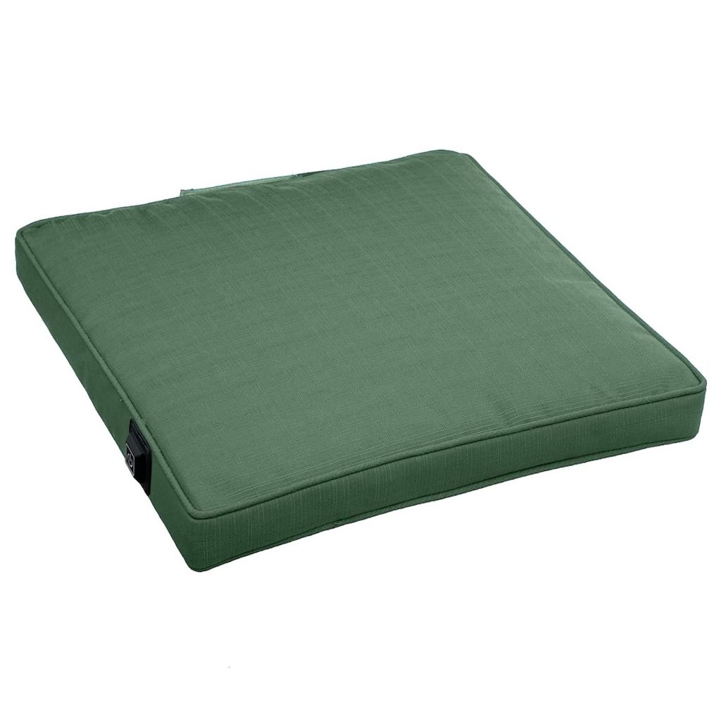 A green outdoor seat cushion is shown against a white background.