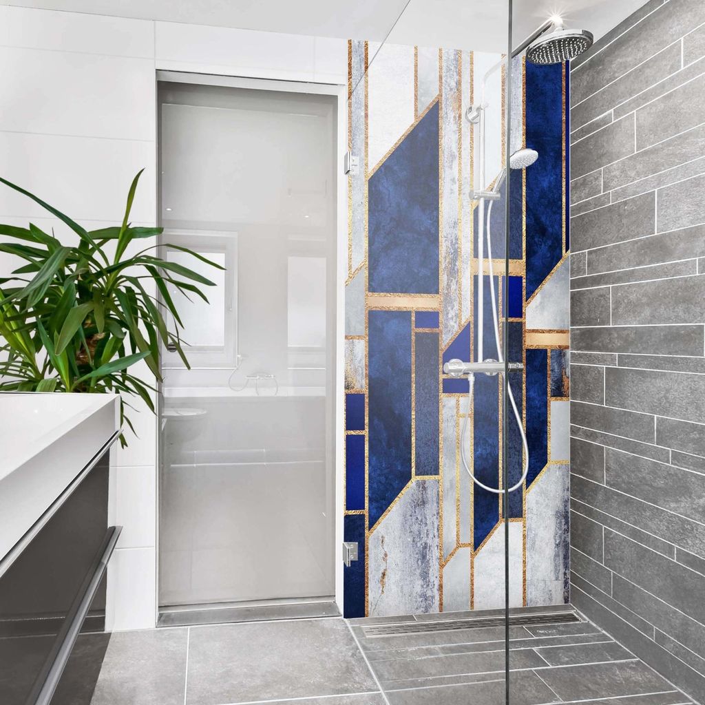Duschrückwand Muster selbstklebend - 0.61 mm Wandpaneel wasserfest Geometrisch blau Aquarell Abstrakt Badrückwand fugenlos Premium matt 90x210 cm