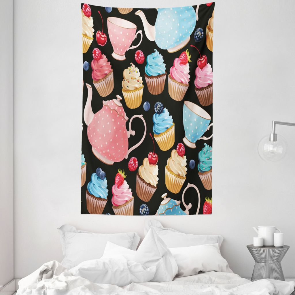ABAKUHAUS Tee Wandteppich und Tagesdecke, Cremige Bunte Yummy Muffins aus Weiches Mikrofaser Stoff Waschbar ohne Verblassen Digitaldruck, 140 x 230...