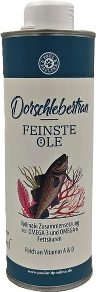 Paul & Paulina Dorschlebertran 500ml Omega-3 + Vitamin D Einzelfuttermittel für Hunde und Katzen