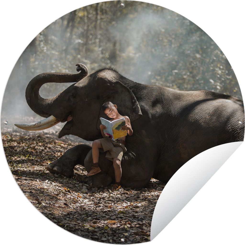 MuchoWow Gartenposter Outdoor-Poster Rund Elefant mit einem lesenden Kind Ø 90 cm Gartendeko Rundes Poster draußen