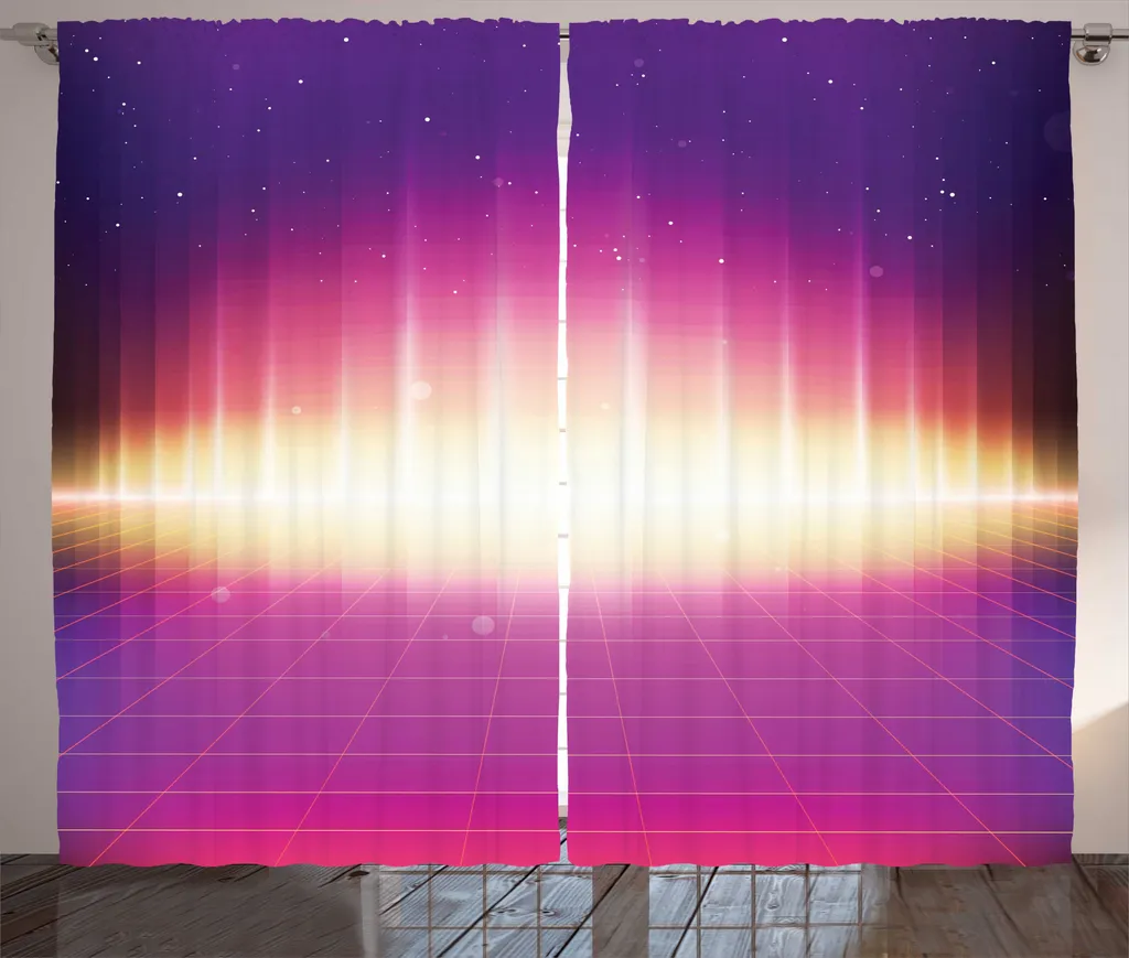 ABAKUHAUS Vaporwave Tenda rustica, sfondo retrò fantascientifico anni '80, tenda con passanti e ganci per camera da letto, 280 x 175 cm, multicolore