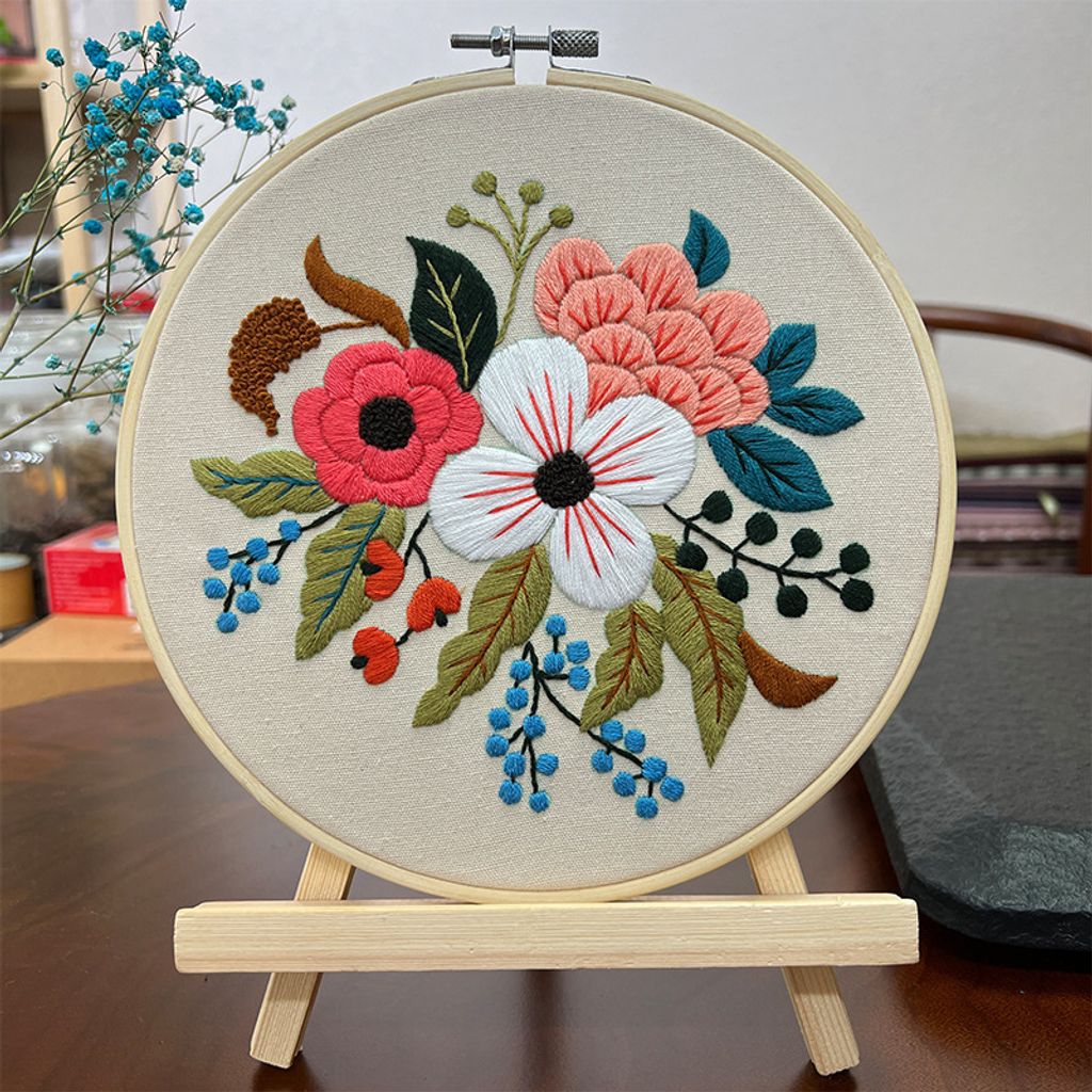 101DIYStudio Stickset Blumen Anfänger mit vorgedrucktem Motiv, Stickerei Erwachsene, Geschenk für Freundin, Mama, Schwester, Embroidery Kit Flower