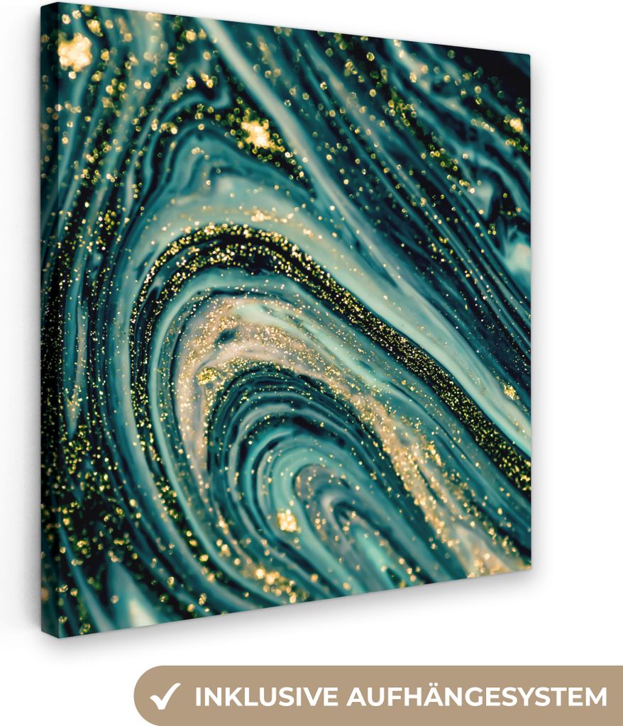 MuchoWow - Leinwandbilder - Marmoroptik - Luxus - Gold - Türkis - Glitzer, Wandbild, Wanddeko Bilder Wohnzimmer, 50x50 cm