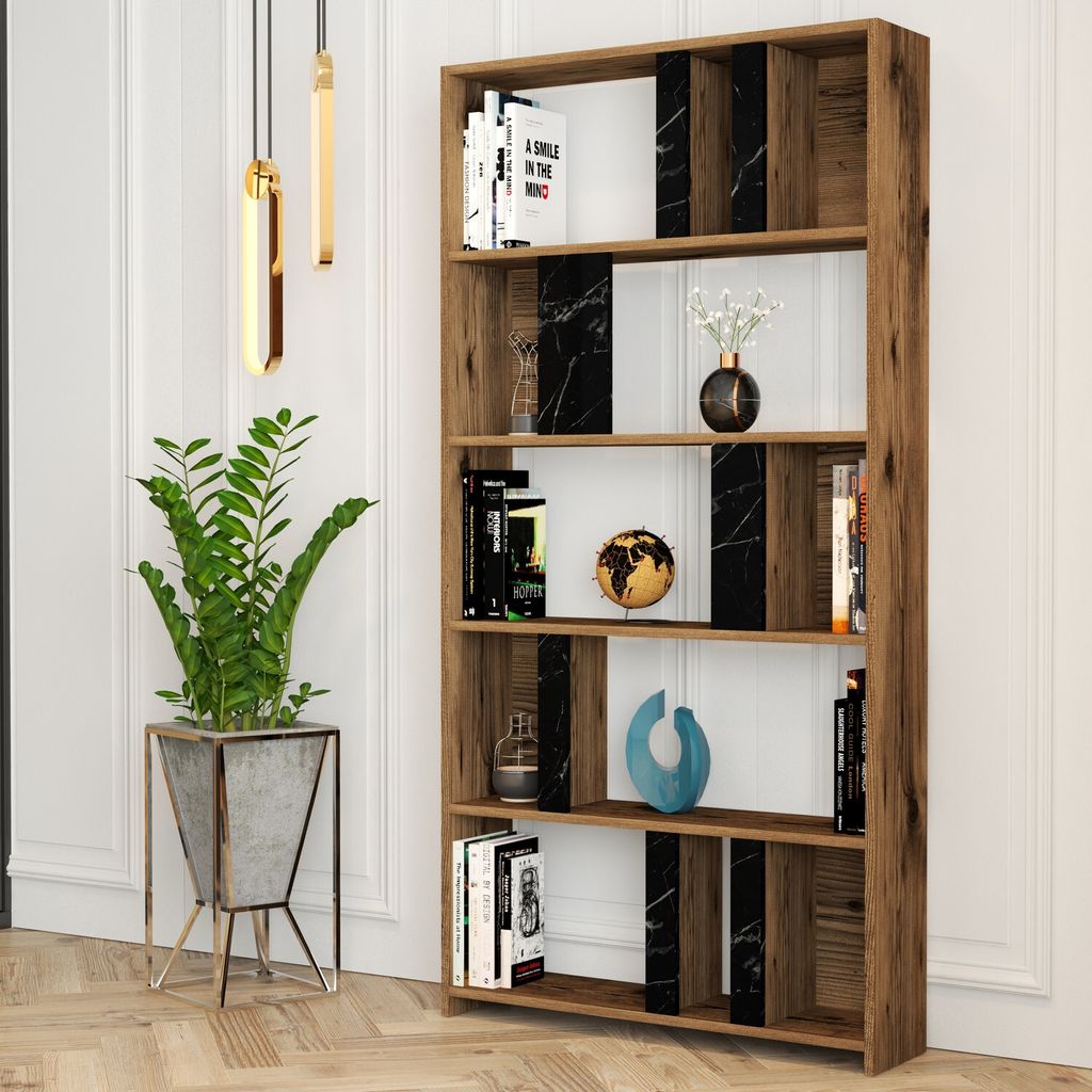 Skye Decor, Lima - Walnut, Black Marble, Bücherregal, Nussbaum, 100 % MELAMINBESCHICHTETE SPANPLATTEN, 90 x 20 x 180 cm