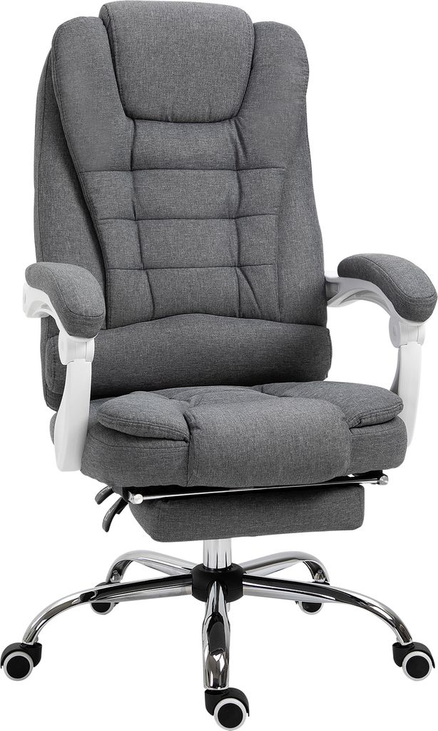 A gray office chair with a footrest is shown in a studio setting.