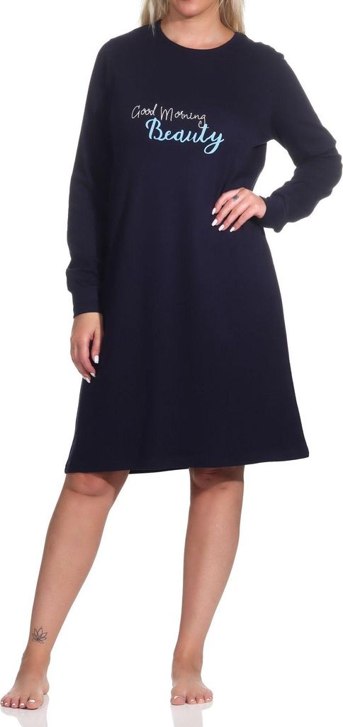 Damen langarm Nachthemd mit Bündchen in kuscheliger Interlock Qualität ; marine , 36/38