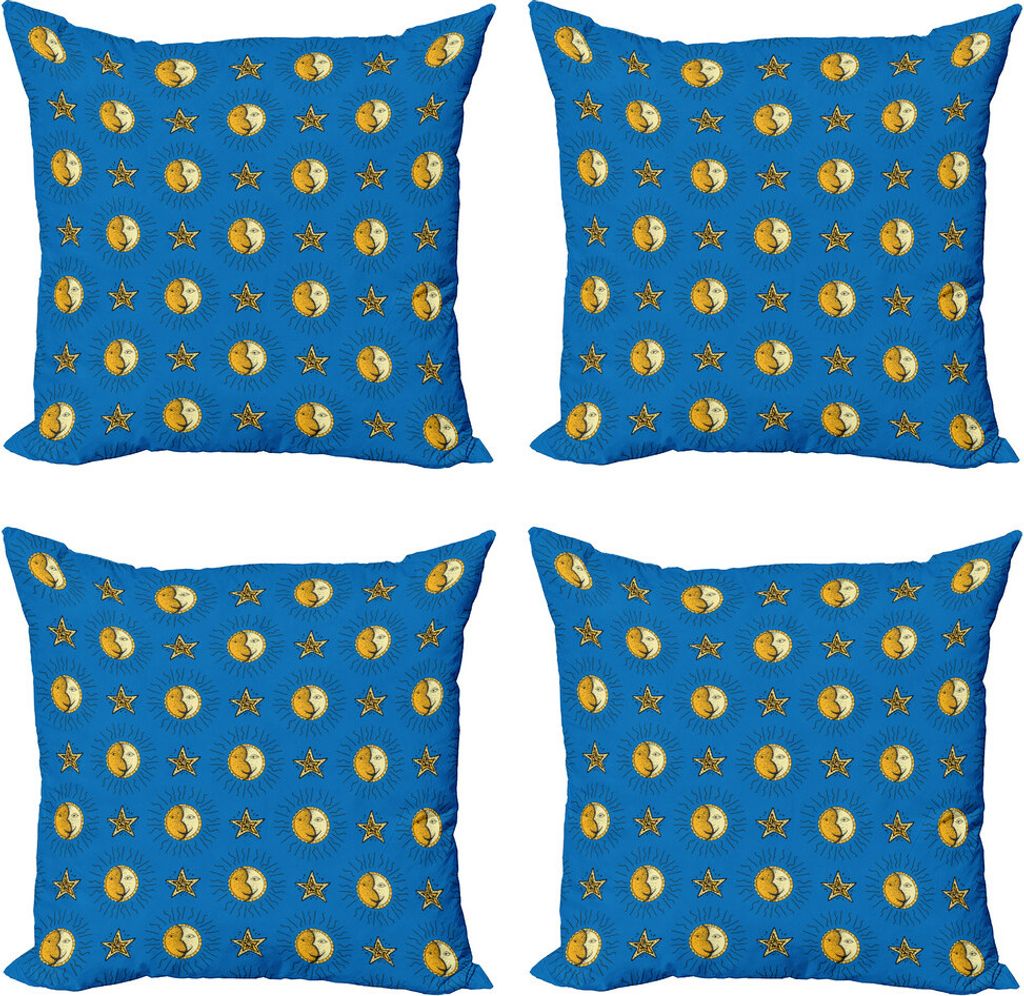 ABAKUHAUS Kinder Kissenbezug Set (4 Stück), Layout-Sonne und Mond-Phasen, Moderner Doppelseitiger Digitaldruck, 50 cm x 50 cm, Kobaltblau und Senf