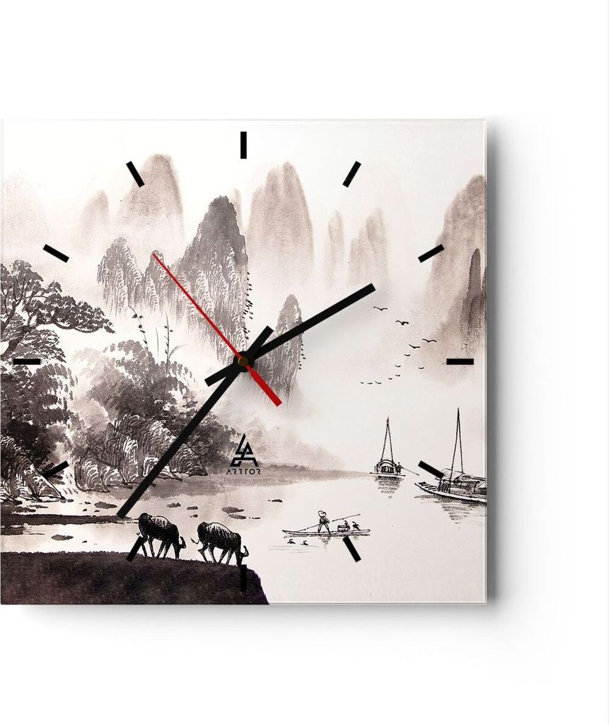 Wanduhr - Quadrat - Glasuhr - Chinesisch Landschaft Aquarell - 40x40cm - Schleichendes Uhrwerk - Lautlos - zum Aufhängen bereit - Dekoration Moder...