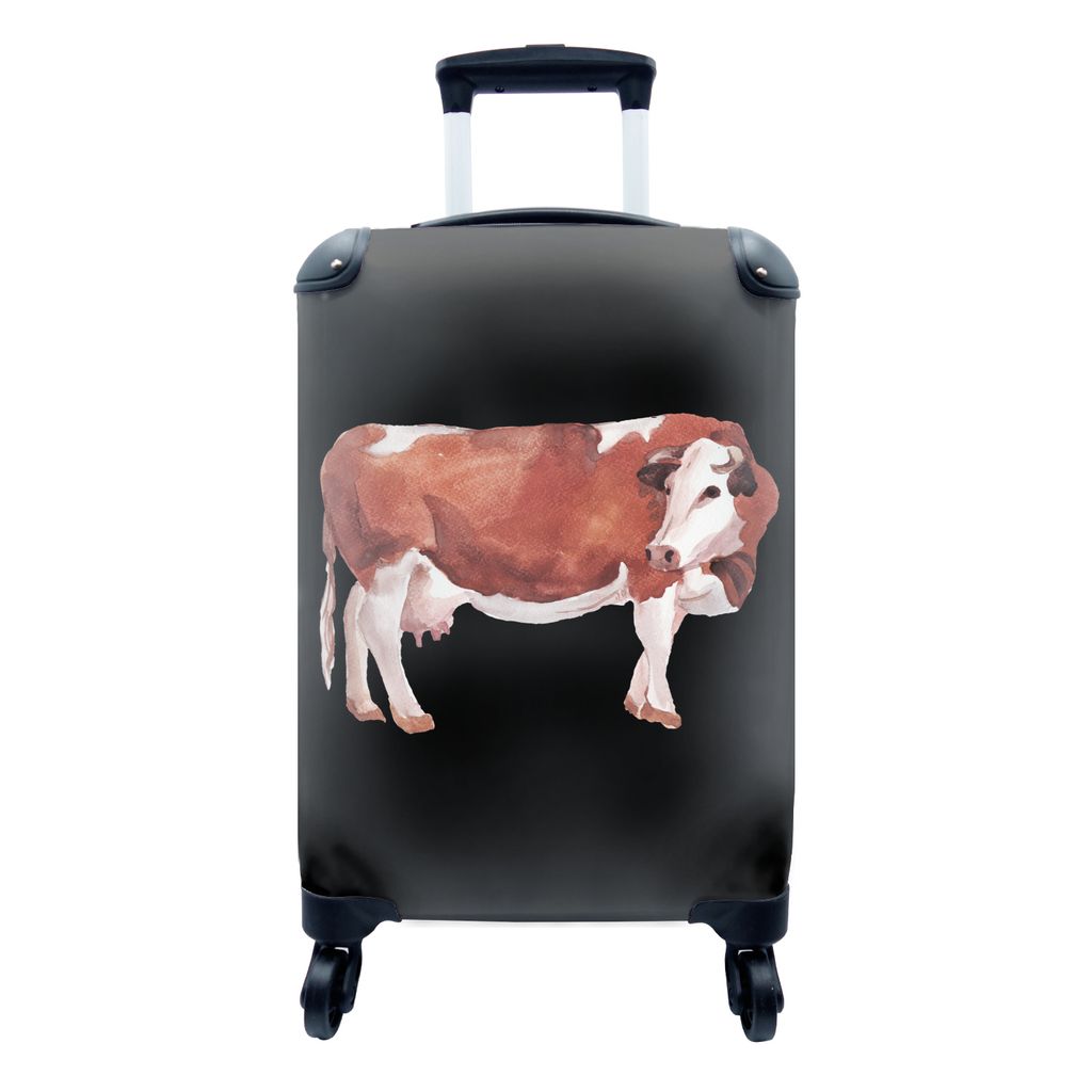 MuchoWow Koffer Handgepäck Trolley Rollkoffer Kleine Reisekoffer mit 4 Rollen - Kuh - Tiere - Braun - Schwarz - Cabin Size < 55x40x23 cm & 55x40...