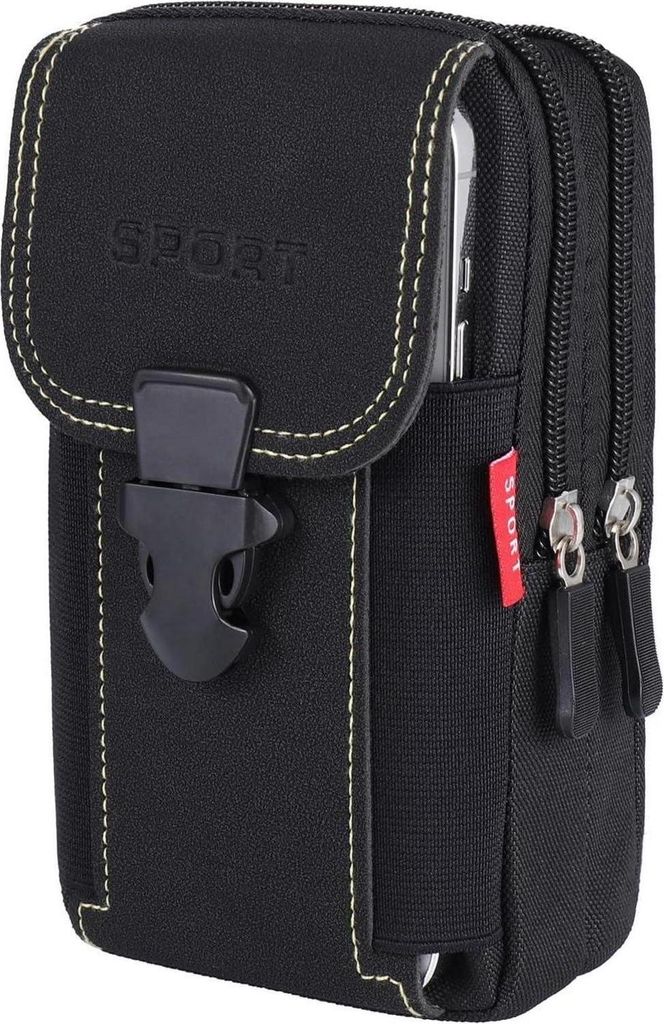 A black tactical belt pouch with a phone partially visible inside.